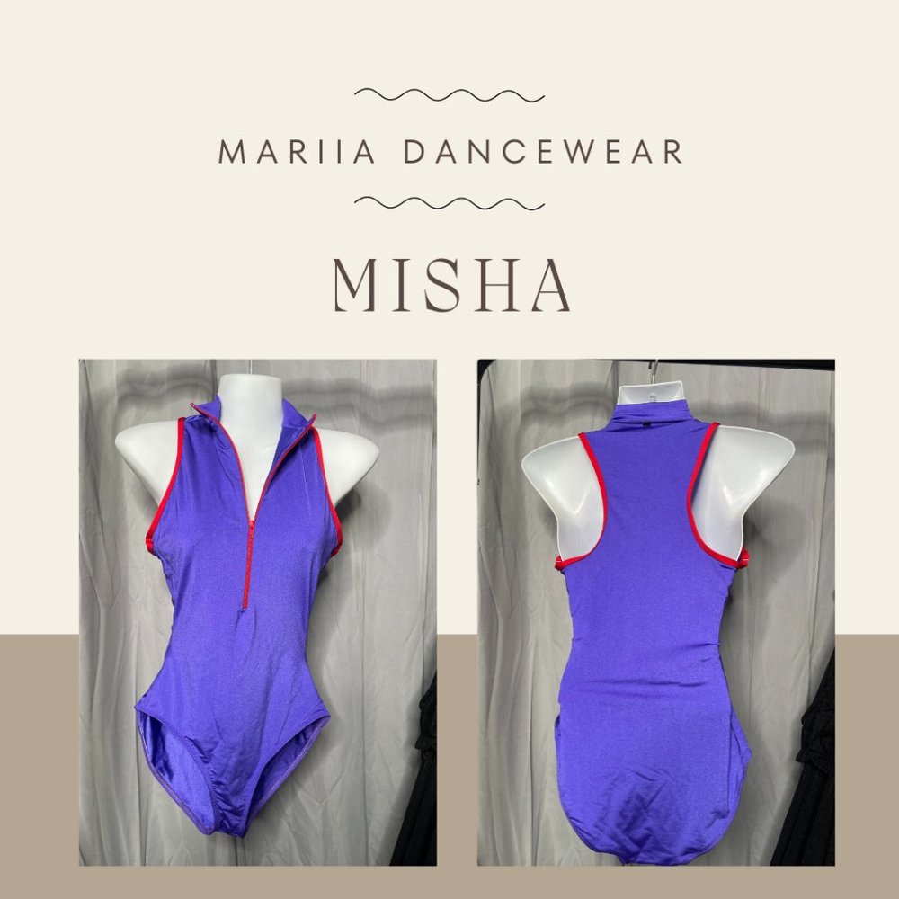 NEW Mariia Women's "Misha" High Neck Zip Front Tank Leotard Size L Purple/Red